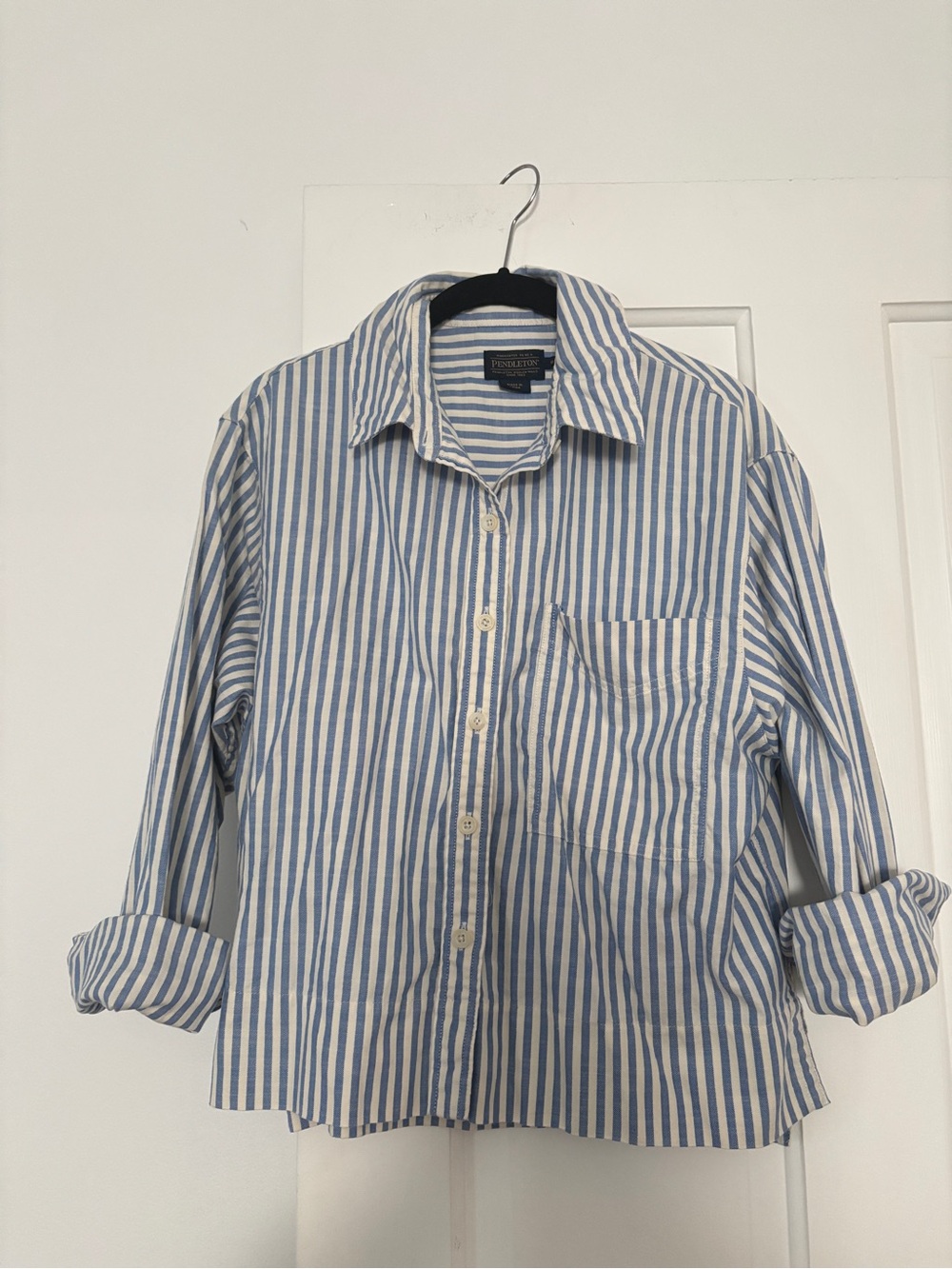 Pendleton Blue and White Striped Cropped Button-Up Shirt